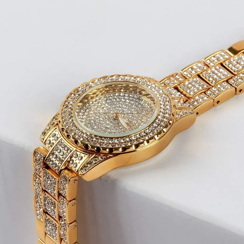 Women's Gold Crystal Rhinestone Diamond Stainless Steel Iced Out Wristwatch